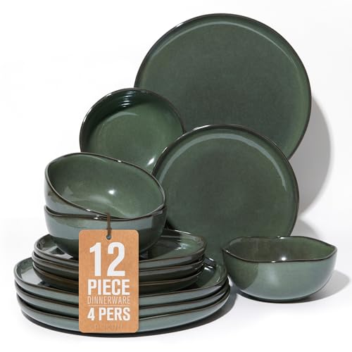 Ceramic Plates and Bowls Set, Everyday Dinnerware Set for 4, Wavy Rim Kitchen Dish Set, Chip Resistant Dishware Sets, Dishwasher Safe Dinner Set, Designed for Simple Meals, Forest Green - color: Forest Green, size: Set (12pcs)
