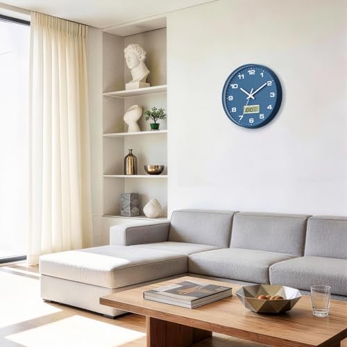 12 Inch Wall Clock, Silent Non-Ticking Analog with LCD Display, Battery Operated, Perpetual Calendar, Date, Weekday & Temperature (°C/°F), Tempered Glass for Living Room, Bedroom, Kitchen, Office