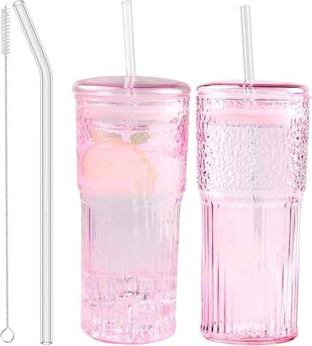 JunVpic Glass Coffee Tumbler, 20 oz Glass Cup with Lid and Straw | Pink glass design, Hammered Texture, reusable straw and lid for iced coffee, tea, smoothies and hot & cold drink - color: Pink, size: 20oz