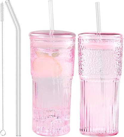 JunVpic Glass Coffee Tumbler, 20 oz Glass Cup with Lid and Straw | Pink glass design, Hammered Texture, reusable straw and lid for iced coffee, tea, smoothies and hot & cold drink - color: Pink, size: 20oz