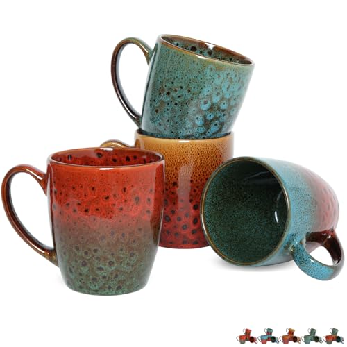 Bosmarlin Ceramic Coffee Mug Set of 4, 17 Oz, Coffee Cups with Big Handle, Microwave Safe, Unique Reactive Glaze (Multicolor) - color: Multicolor