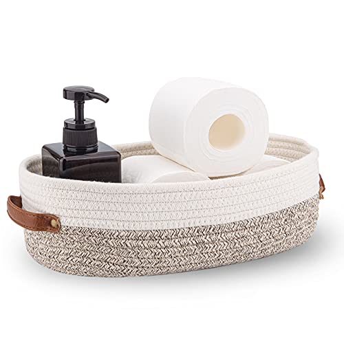Woven Storage Basket for Toilet Tank Top,Farmhouse Home Decor Organizing Basket for Bathroom,Table and Counter 13"x5.9"x4" Apricot Stitching White - color: Apricot Stitching White