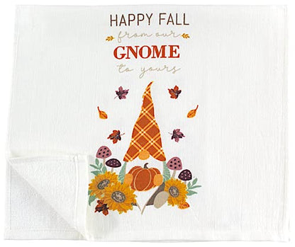 Fall Decor Kitchen Towels and Pot Holder Set: Garden Gnomes and Country Plaids with Autumn Sunflowers Welcome You from Our Gnome to Yours - color: Autumn Gnomes
