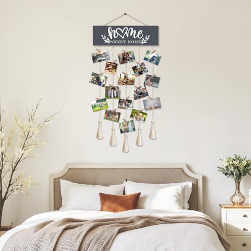Home Sweet Home Family Hanging Display Board with 16 Clips, Rustic Wood Picture Collage Frame with Tassels Farmhouse Wall Decor - color: Home Sweet Home