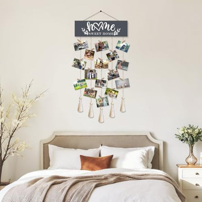 Home Sweet Home Family Hanging Display Board with 16 Clips, Rustic Wood Picture Collage Frame with Tassels Farmhouse Wall Decor - color: Home Sweet Home