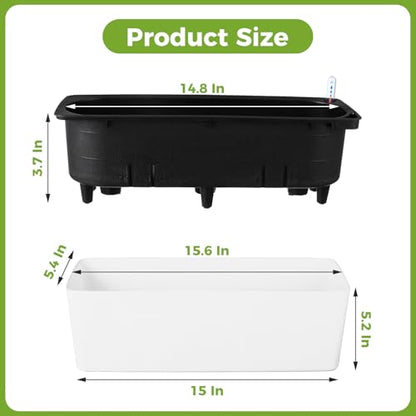 2 Pack Rectangular Planter 15.6 x 5.4 in Self Watering Planter Window Sill Planters Indoor Rectangle Plant Pot Self Watering Pots Plastic Plant pots with Drainage Holes Black Flower Pot - color: White