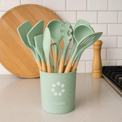 MaxLife Silicone Cooking Utensil Set with Holder, 12-Piece – Sage Green, Wooden Handles – Heat Resistant, Nonstick Safe Spatulas, Spoons, Turner, Tongs & Whisk – Premium Kitchen Tool Set