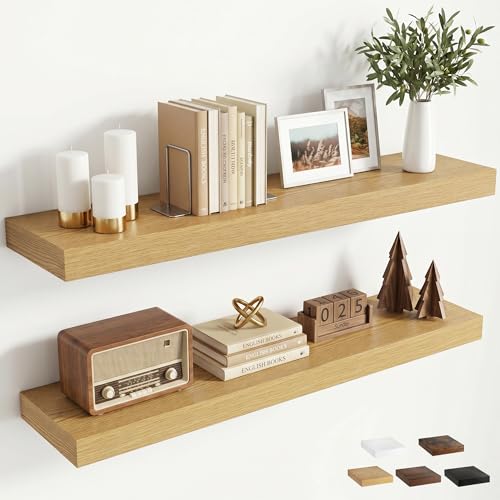 36 inchs Floating Shelves for Wall Mounted Set of 2,Rustic Wood Floating Shelf with Invisible Brackets for Small Bathroom,Bedroom,Living Room,Modern Home Decor -Oak Color - color: Oak, size: 36''W x 7.9''D x 1.5''H,Set of 2-MDF