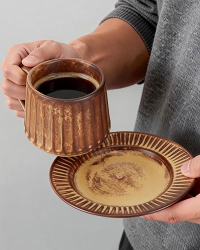 Ceramic Cup and Saucer Set,11.5 oz Coffee Cups with Saucers Modern Porcelain Espresso & Tea Cup Set,Dishwasher & Microwave Safe,for Home & Entertaining - color: Vintage Mug