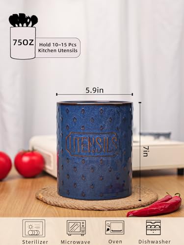 GDCZ Ceramic Utensil Holder 7 Inch, Utensil Crock for Countertop (Blue) | Large 7" Capacity, Sturdy Countertop Tool Organizer, Durable Ceramic, Embossed Utensils - color: Blue