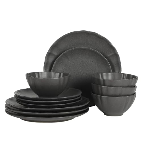 Gibson Elite Vista Rossio - Made In Portugal - 12 Piece Dinnerware Set for 4, Black Ceramic Plates and Bowls Sets, Stoneware Dishware Set with Scalloped Edge, Dinner Plates Salad Plates & Cereal Bowls - color: Black (Vista Rossio Dinnerware)