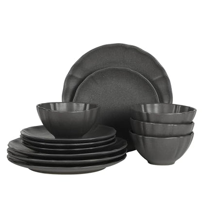 Gibson Elite Vista Rossio - Made In Portugal - 12 Piece Dinnerware Set for 4, Black Ceramic Plates and Bowls Sets, Stoneware Dishware Set with Scalloped Edge, Dinner Plates Salad Plates & Cereal Bowls - color: Black (Vista Rossio Dinnerware)