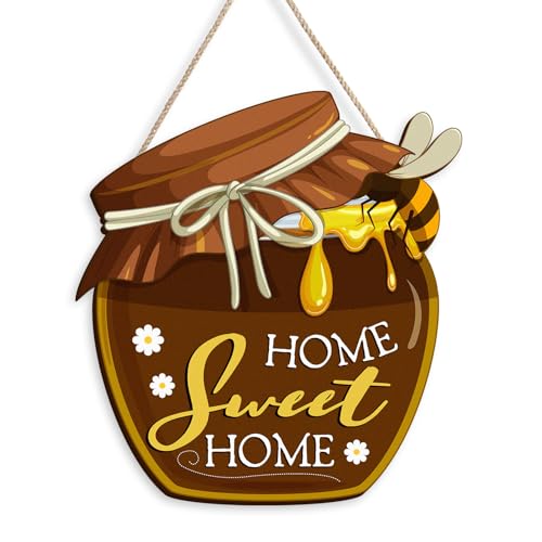 Housewarming Gifts New Home Sweet Home Decor, Welcome Sign for Front Porch, Wood Honey Pot House Warming Ornaments, Rustic Farmhouse Wall Art for Kitchen Livingroom (Brown)