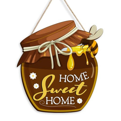 Housewarming Gifts New Home Sweet Home Decor, Welcome Sign for Front Porch, Wood Honey Pot House Warming Ornaments, Rustic Farmhouse Wall Art for Kitchen Livingroom (Brown)
