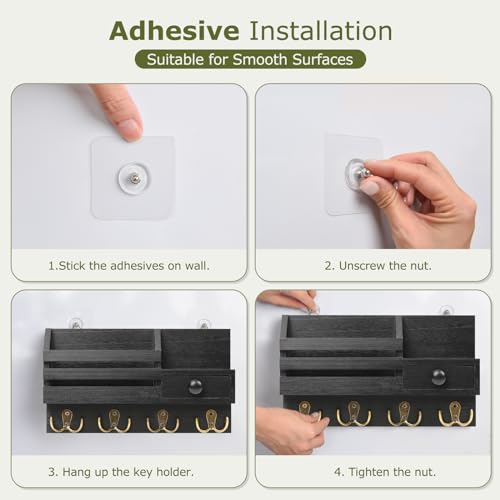 Key Holder Wall Mount, Wooden Key and Mail Organizer, Black | 2 Mount Options, Includes 8 Hooks, Fence Mail Slot, Small Drawer and Shelf, for Entryway, Hallway, Doorway, Living Room, RV - color: Black