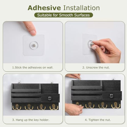 Key Holder Wall Mount, Wooden Key and Mail Organizer, Black | 2 Mount Options, Includes 8 Hooks, Fence Mail Slot, Small Drawer and Shelf, for Entryway, Hallway, Doorway, Living Room, RV - color: Black