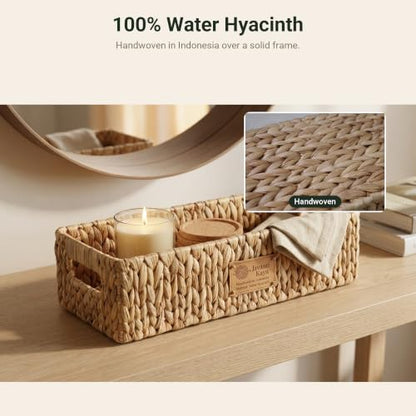 Water Hyacinth Toilet Paper Basket – Long Narrow Woven Storage Basket for Toilet Tank Top, Bathroom Counter & Shelf – Handwoven, Steel-Reinforced Rim – 15" x 6.7" x 5" (Fits 3 Rolls) - size: Long: 15x6.7x5"