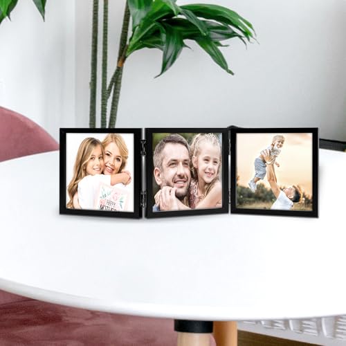 WUTL 3 Picture Frame Triple Collage 5x5 Frames with Real Glass Black | Trifold Photo Frame, Hinged Foldable, Crystal Clear Real Glass - color: Black, size: 5x5