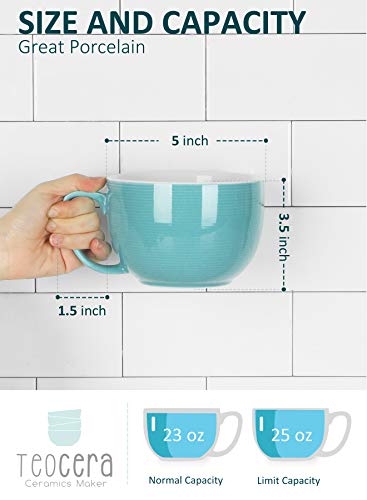 Teocera 24 oz Soup Bowls with Handles, Porcelain Large Coffee Mug Set, Jumbo Mugs, Soup Bowls Mugs set of 4 for Coffee, Oatmeal, Stew - Striped Design, Turquoise - color: Turquoise