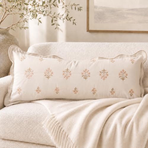 BlissBlush Long Lumbar Pillow Cover 14x36 for Bed, Cream White Velvet Decorative Lumbar Pillow Cover, Floral Accent Cushion Cover with Embroidery and Scalloped Edge for Couch Sofa Bed, Cover ONLY - color: Cream White, size: 36" x 14" (Pack of 1)