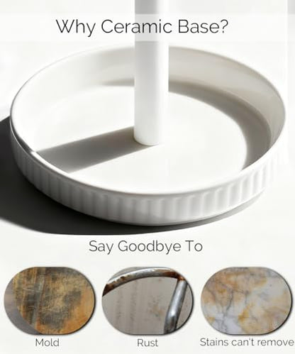 Paper Towel Holder, Ceramic Heavy Plate Base Wobble-Free, Roll Stand-White | Effortless Cleaning and Easy to Assemble, Super Large for Triple Rolls, High End Looking as a Good Gift for Kitchen Island - color: Chic White