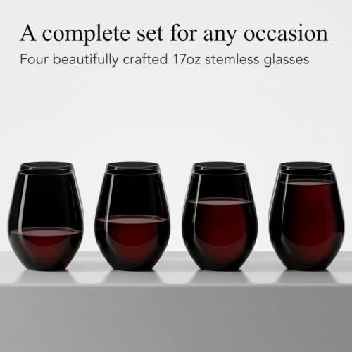 Godinger Stemless Red Wine Glasses, Drinking Glasses, European Made Stemless Wine Glass - Black, 17oz, Set of 4 - color: Black
