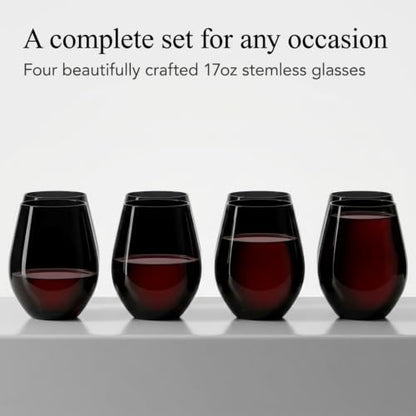 Godinger Stemless Red Wine Glasses, Drinking Glasses, European Made Stemless Wine Glass - Black, 17oz, Set of 4 - color: Black