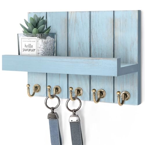 Rebee Vision Key Holder Wall Mount with Shelf for Entryway, Distressed Blue | 3.54'' x 10''x 7.28'', Key Holder for Wall, Floating Shelf, Plant Display, Mail Sorter, Hanging Hooks, Mid-Century Decor - color: Distressed Blue, size: 10 inches