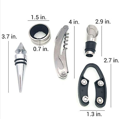Wine Bottle Opener Set - 5 Piece Wine Opener Gift Set with Wine Stopper, Corkscrew Opener, Pourer Spout, Drip Ring, and Foil Cutter in Matte Wine Bottle Shaped Organizer Case - Black