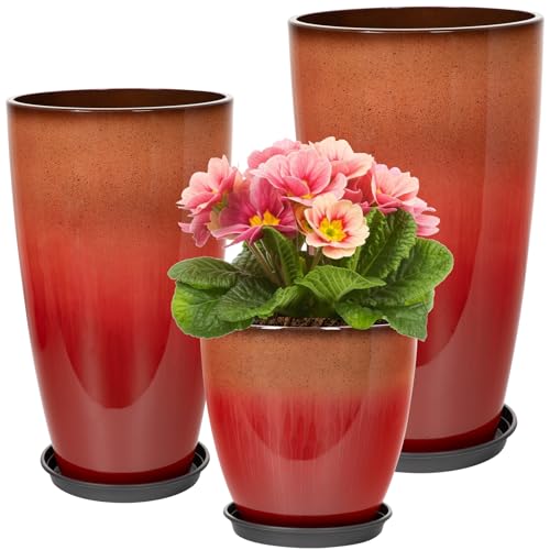 Neoaider Set of 3 Tall Planter, 24/21/12in Large Plastic Planter, Firey Red | Ceramic-Look, Lightweight, Built-in Drain Hole, Saucers, Tall Outdoor Planter for Porch, Garden, Patio, Balcony - color: Fiery Red