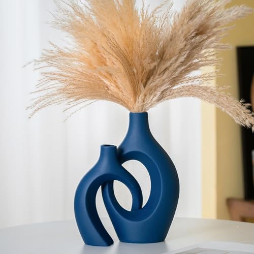 Lvases Blue Snuggle Hollow Ceramic Vase Minimalist Decorative Vases of 2 | 11 Inch Nordic Boho Decor Home Flower Vases for Living Room Coffee Table, Bookshelf Mantle & Entryway Pampas Grass Display - color: Extra Large Navy Blue