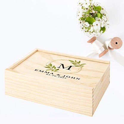 Koyal Wholesale Custom Monogram Willow Leaves Wreath Wedding Keepsake Box, 4 x 6 -inch, Custom Names, Date, Natural Wood - color: Monogram Willow Leaves Wreath