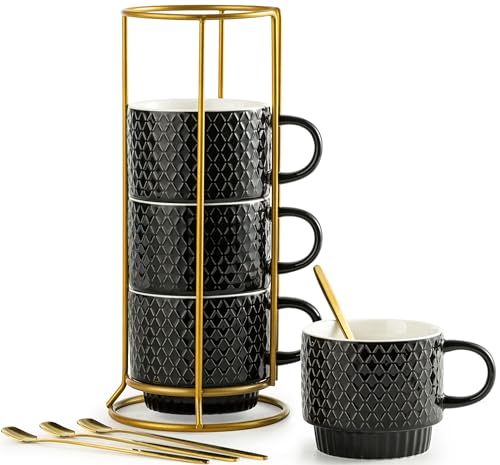 LYEOBOH Stackable Coffee Mugs Set of 4 with Rack & Spoons Coffee Mug Set 13 OZ., Ceramic Embossed Grinding Demitasse Cups Set Cappuccino Cup Halloween for Coffee, Latte, Macchiato, Espresso, Black - color: Black