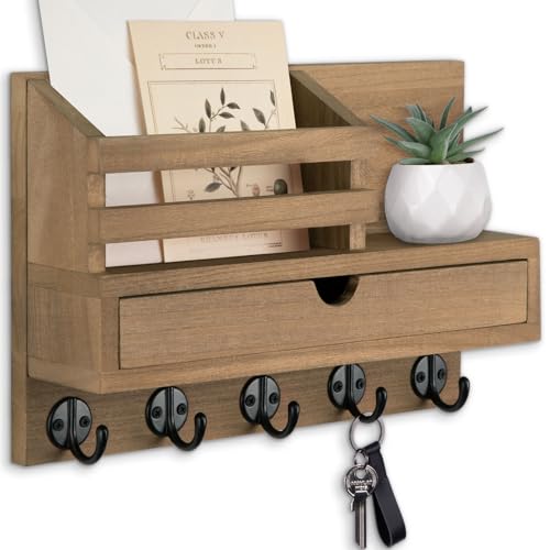 Key Holder Wall Mount, Mail Holder with Storage Drawer and 5 Key Hooks for Coat, Dog Leash, Home Decor Rack, House Accessories, Entry Way Organizer (Light Brown) - color: Light Brown, size: Standard - 11.8 Inch