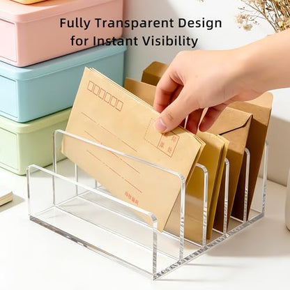 Clear Acrylic 5-Compartment Mail & Letter Desk Organizer | 5mm thick, 5 compartments organize mail, bills, letters & more. Crystal clear acrylic, non-slip pads. No assembly. - size: 5 Compartments