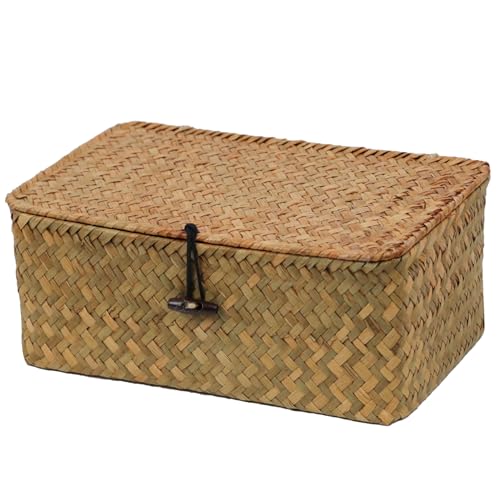 Seagrass Wicker Storage Basket with Lid, Medium, Natural | Shelf Baskets for Organizing, Rectangular Woven Bin Box, Multipurpose Home Storage, Natural Decor, 10.23 x 6.3 x 4.13 - color: Natural, size: 10.23" x 6.3" x 4.13"