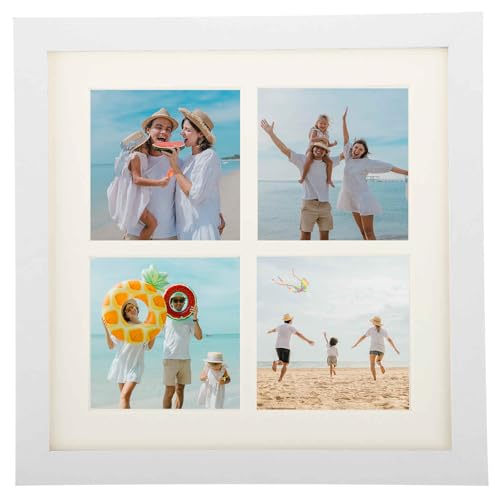 MECCANIXITY 11x11 Collage Picture Frame, Displays 4Pcs 3.5x3.5 Pictures with Mat, Solid Oak Wood Clear Acrylic Sheet Wall Mounting and Tabletop Display, White, 1Pcs - color: White