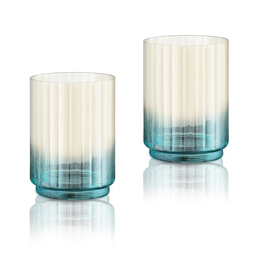 Joeyan Colored Ribbed Drinking Glasses Set of 2, 15oz Gray Turquoise Gradient Glass Tumbler, Vintage Lead-Free Rocks Glass for Whiskey, Cocktail, Juice, Water, Various Mixed Drinks, Kitchen & Bar Use - color: Gray drinking glass