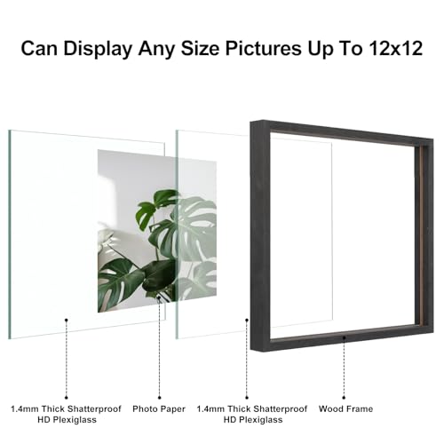 Egofine 12x12 Floating Frames Set of 2, Double Plexiglass Picture Frame, Made of Solid Wood Display Any Size Photo up to 12x12, Wall Mount or Tabletop Standing, Faded Black - color: Faded Black, size: 12x12