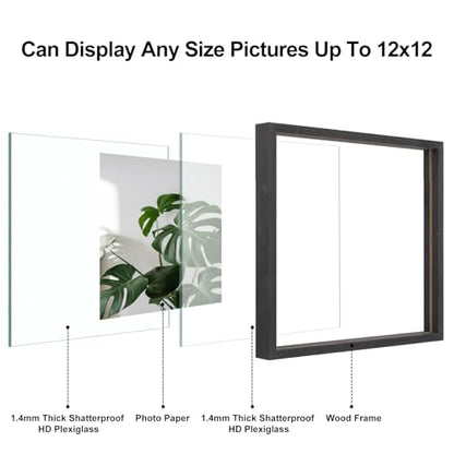 Egofine 12x12 Floating Frames Set of 2, Double Plexiglass Picture Frame, Made of Solid Wood Display Any Size Photo up to 12x12, Wall Mount or Tabletop Standing, Faded Black - color: Faded Black, size: 12x12