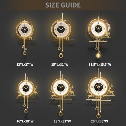 Modern Wall Clock for Living Room,Large Gold Decorative Wall Clock with Light,Creative Silent Clock Battery Operated for Kitchen/Entryway/Bedroom/Office/Dinning Room Metal Wall Decor - size: 13"Lx27"W