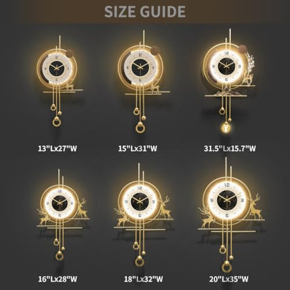 Modern Wall Clock for Living Room,Large Gold Decorative Wall Clock with Light,Creative Silent Clock Battery Operated for Kitchen/Entryway/Bedroom/Office/Dinning Room Metal Wall Decor - size: 13"Lx27"W