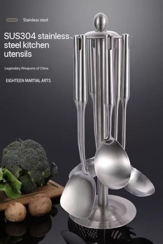 Premium 7-Piece Gold Kitchen Utensil Set with Stand, Stainless Steel Cooking Tools- Dishwasher Safe Ladle, Spoon, Spatula, Pasta Fork, Luxury Brass Kitchen Accessories for Home Chefs (silvery) - color: Silver