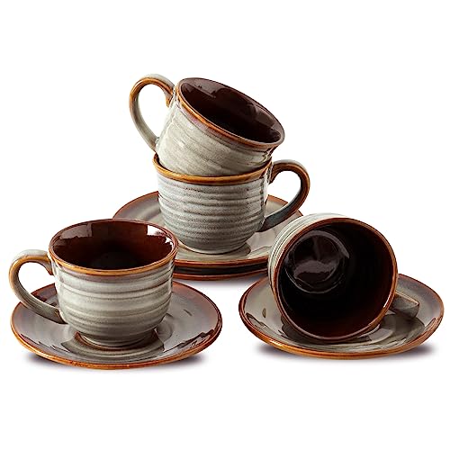 HASENSE Ceramic Tea Cups and Saucers, 8oz Cappuccino Cups Set of 4, Espresso Coffee Mugs for Home and Office, Perfect for Coffee, Cappuccino, Latte, Americano, Milk and Tea - Grey Brown - color: Grey Brown, size: 8oz - Set of 4