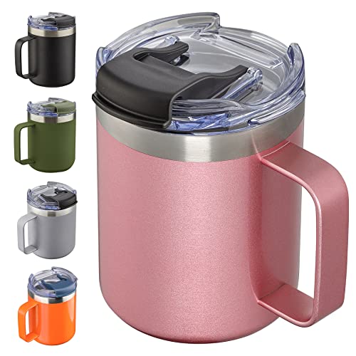 12oz Insulated Travel Coffee Mug with Handle, Rose Gold | Stainless Steel Coffee Tumbler with Lid, Double Wall Vacuum Thermal Cup for Camping - color: Fliping Lid: Rose Gold, size: 1 Count (Pack of 1)