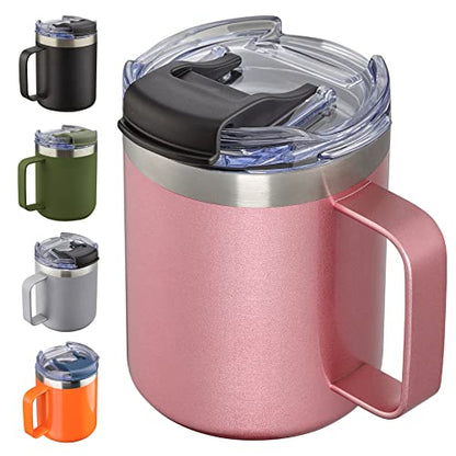 12oz Insulated Travel Coffee Mug with Handle, Rose Gold | Stainless Steel Coffee Tumbler with Lid, Double Wall Vacuum Thermal Cup for Camping - color: Fliping Lid: Rose Gold, size: 1 Count (Pack of 1)