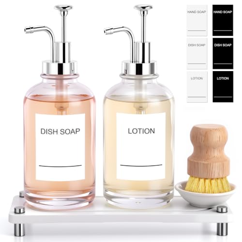 Kitchen Soap Dispenser Set, 2 Pcs 16 oz Clear Glass Bottles with Pump, Instant Dry Diatomite Tray Waterproof Labels Dish Brush and Holder Non-Slip Base for Kitchen and Bathroom(White)