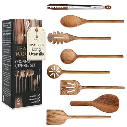 SANJH Teak Wooden Utensil Set for Cooking - 8 Piece Teak Wooden Spoons Set | Spatula Scraper Pasta Spoon Rice Paddle Tongs, Smooth Sanded Finish, Comfortable Grip Handles, Gentle on Cookware