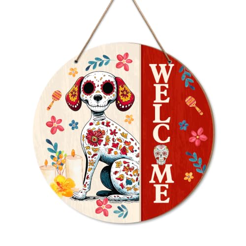 Dia De Muertos Day of The Dead Dog Welcome Wood Door Sign Home Decor | Skeleton Dog Sugar Skull Candles Day of The Dead Mexican Wooden Sign Party Decorations for Home Yard Porch Entryway - color: Day of The Dead04