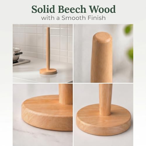 Wooden Paper Towel Holder for Countertop, Solid Beech Wood Stand with Non-Slip Base, Fits Standard Kitchen Rolls, Easy Assembly, Farmhouse Paper Towel Dispenser - size: Standard, style: Classic Beech